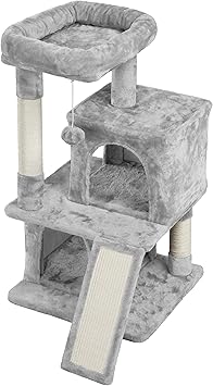 Yaheetech Arbre à Chat Tour avec Griffoir 1 Platforme et Colonne en Sisal Centre d'activités 2 Niches 1 Boule de Peluche 49 x 45,5 x 91 cm Gris Clair