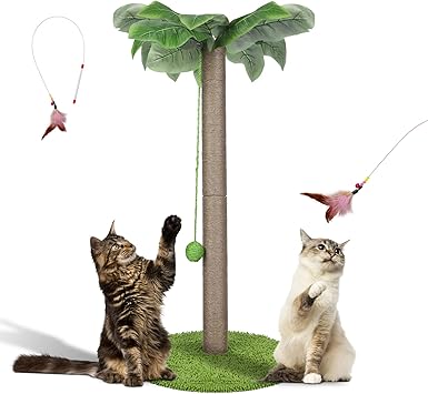 ZNM Arbre a Chat, griffoir pour Chat, 85CM, Colonne en sisal Naturel et Base de Couverture en Moquette Douce, Corde en sisal et Boule Suspendue, Matériaux sûrs, Jouets a Plumes Supplémentaires